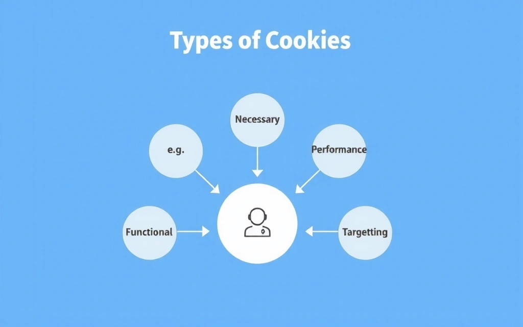 A diagram showing different types of cookies and their functions, with arrows indicating data flow